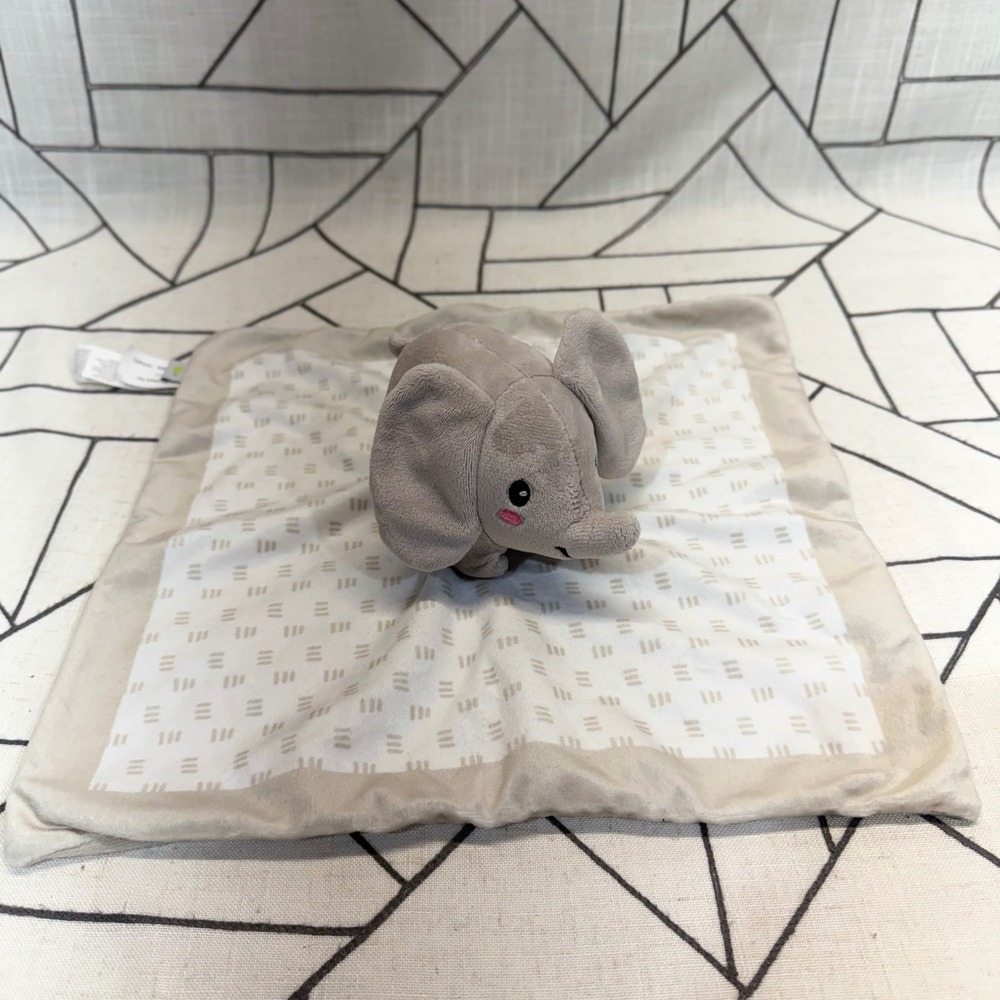 Pearhead Elephant Security Blanket 14x14 Grey Cream Dash Pattern Lovey 83111